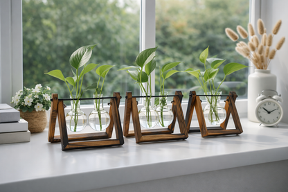 Glass and Wood Vase Planter Table Desktop