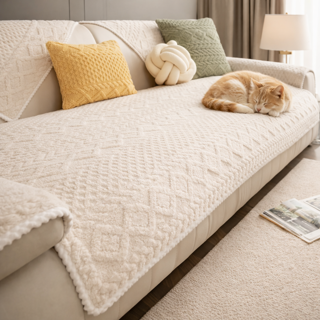 Pet sofa cover in neutral beige fabric placed on a modern couch, protecting against pet hair and dirt, soft and cozy couch protector for dogs and cats in a minimalist living room