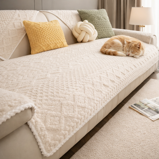 Pet sofa cover in neutral beige fabric placed on a modern couch, protecting against pet hair and dirt, soft and cozy couch protector for dogs and cats in a minimalist living room