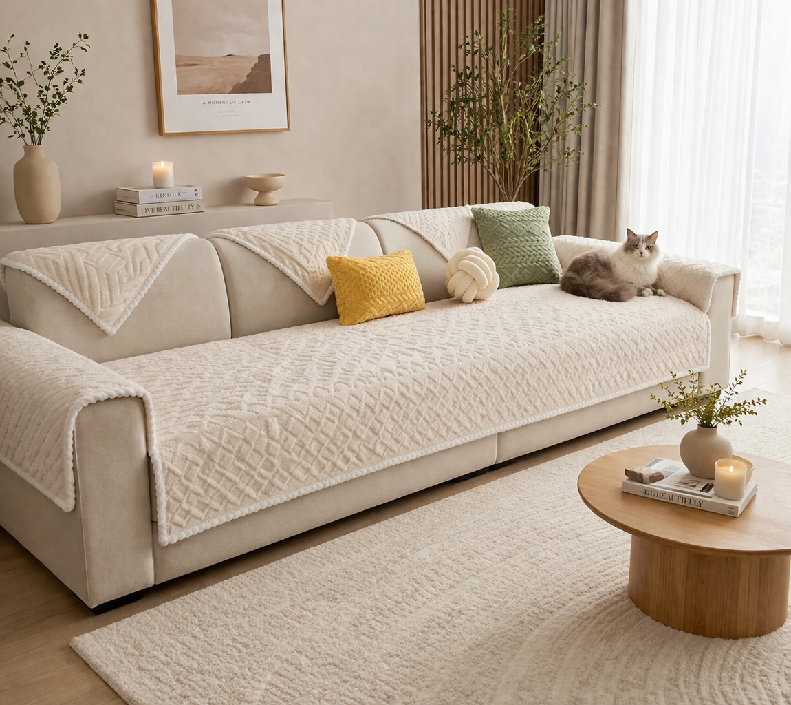 Pet sofa cover in neutral beige fabric placed on a modern couch, protecting against pet hair and dirt, soft and cozy couch protector for dogs and cats in a minimalist living room