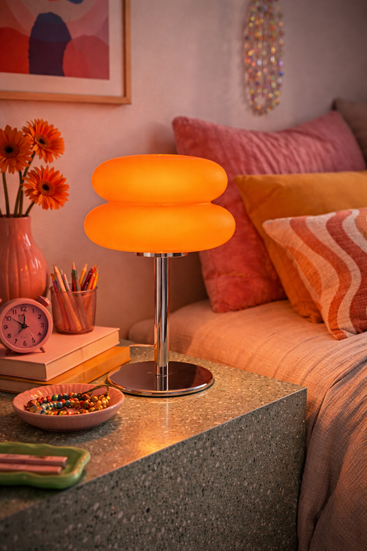 Modern glass table lamp with sculptural design and frosted glass shade, placed on a bedside table in a minimalist Scandinavian bedroom, emitting a soft warm ambient light that creates a cozy and relaxing atmosphere, ideal as a bedside lamp, nightstand light or decorative table lamp for living room, bedroom or small spaces, featuring a chrome base and clean modern aesthetic that fits contemporary home decor, perfect for mood lighting, evening relaxation, reading light and creating a calm, aesthetic interior 