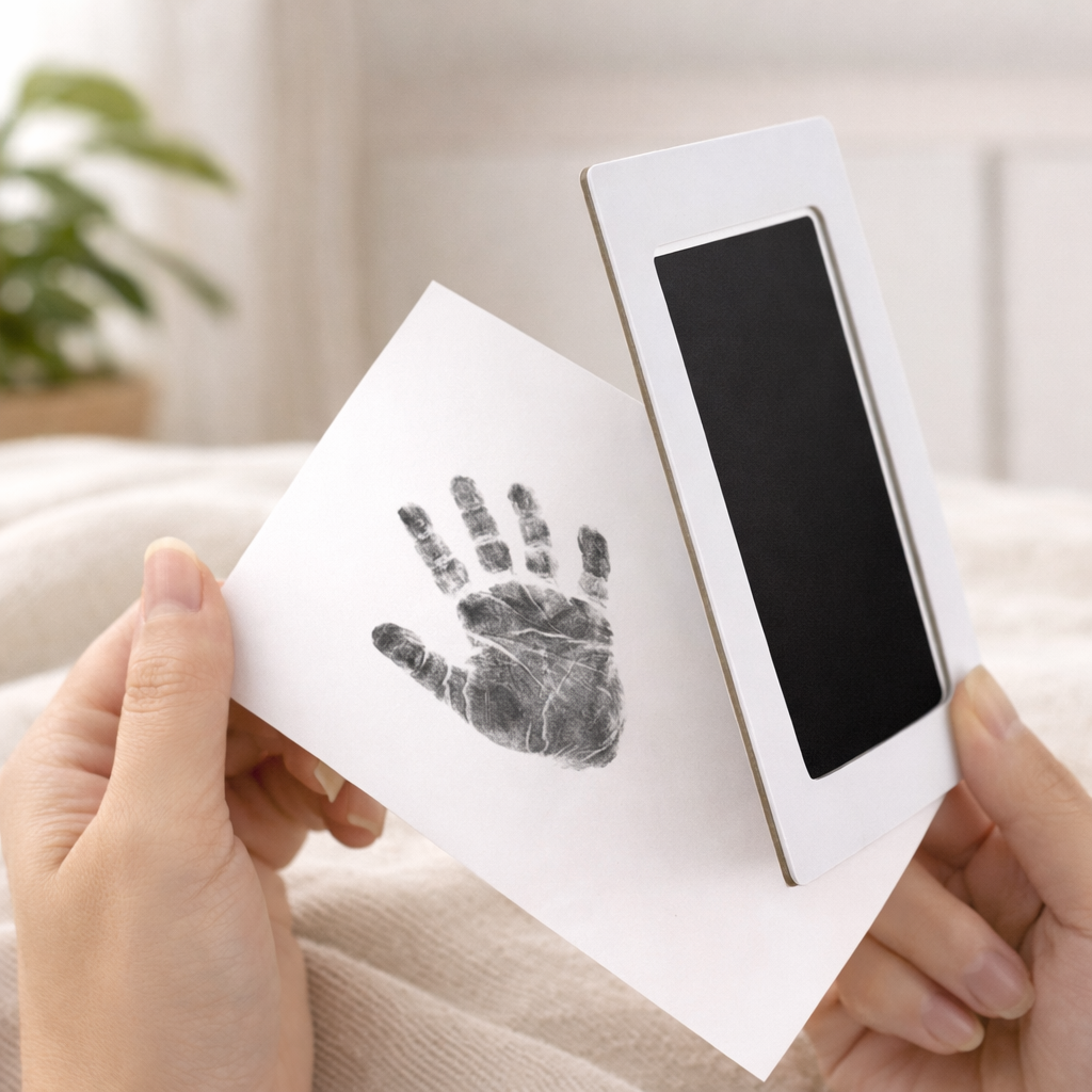 Baby handprint on white card made with an ink pad kit, held in hands against a soft, neutral Scandinavian-style interior background.