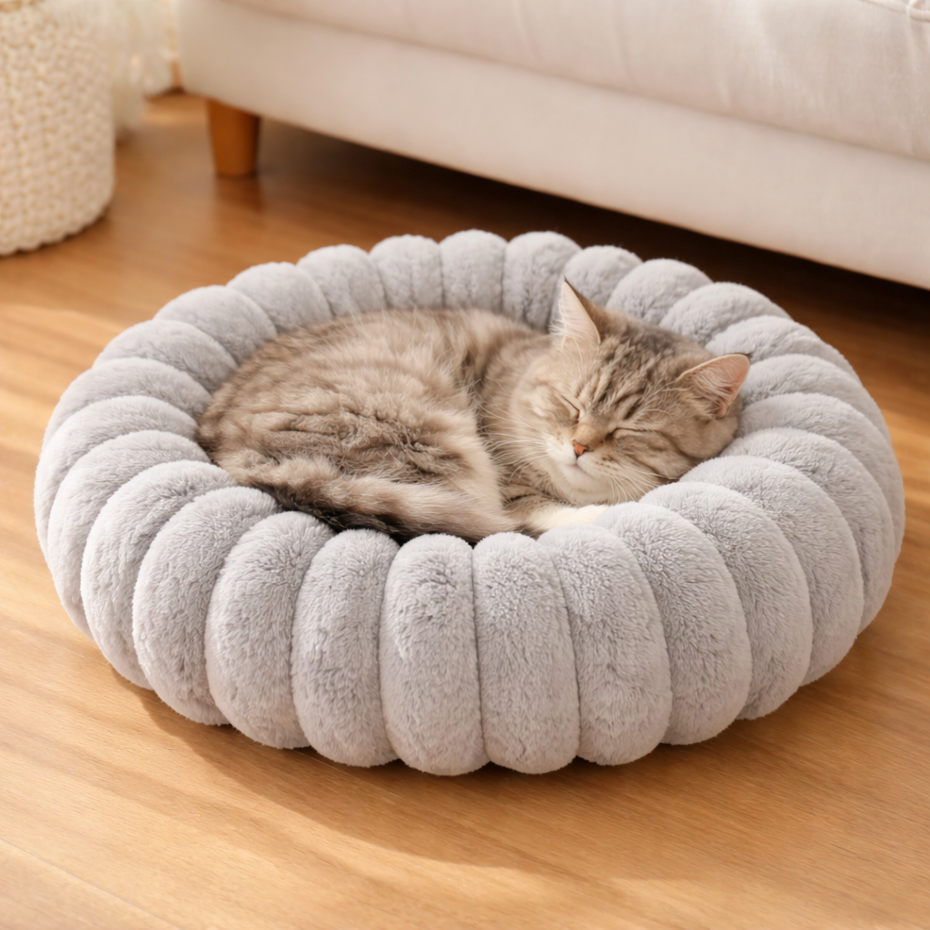 Calming cat bed made with ultra-soft plush fabric and raised edges, designed as an anti-anxiety pet bed for small to medium dogs and cats, providing a cozy, warm and secure sleeping space, modern round pet bed in neutral color placed in a minimalist home interior, ideal for puppies, kittens and pets that love to curl up, perfect as a soft dog bed for living room or comfortable cat bed for bedroom
